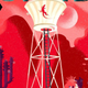 An illustration of a tower in a desert, against a red background.